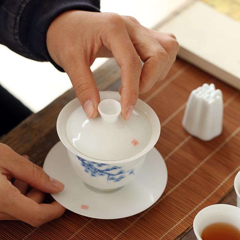 Hand-Painted Ceramic Whiteware Three-Force Cover Bowl Large Kung Fu Three-Force Bowl Handmade Ceramic Tea Cup Tea Bowl Gaiwan