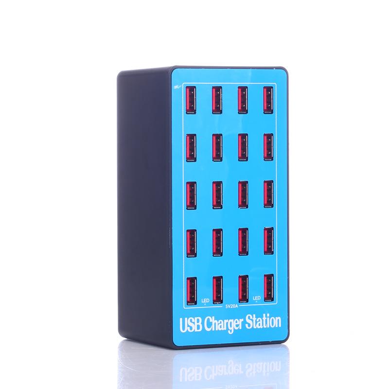 CE Certified 20-Port 100W Multi-USB Desktop Charger (ROHS, FCC, EU/US/UK/AU Specs)