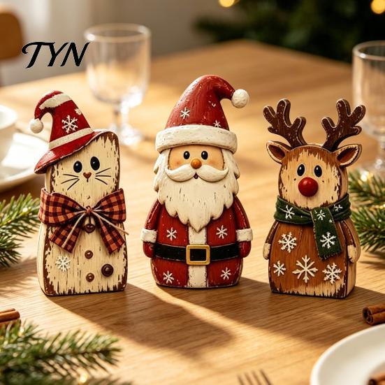Vintage Farmhouse Fall Accents 3Pcs Rustic Wooden Halloween Cat Tabletop Decor, Black Figurine Moon Star Pumpkin Art with Witch Hat,