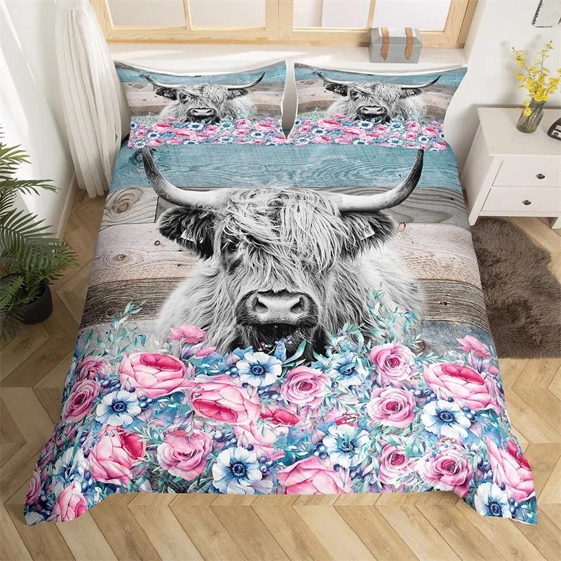 Hochlandkuh Bettbezug King-Größe Queen-Größe Westliches Bauernhoftier Steppdeckebezug Feine Mikrofaser Stier Rindvieh Floral Bettwäsche-Set