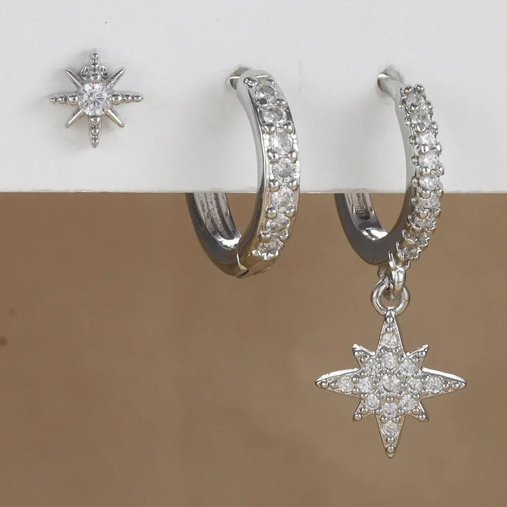 3 Piece Fashion Stainless Steel Round Star Drop Earrings Set for Women Gold Plated Dangle Earring Punk Unisex Rock Jewelry