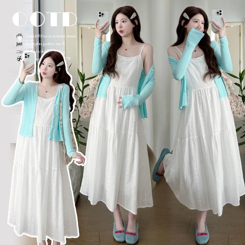 2026 Spring-Summer Maternity Lace Camisole Dress & Knit Cardigan Set X-Large