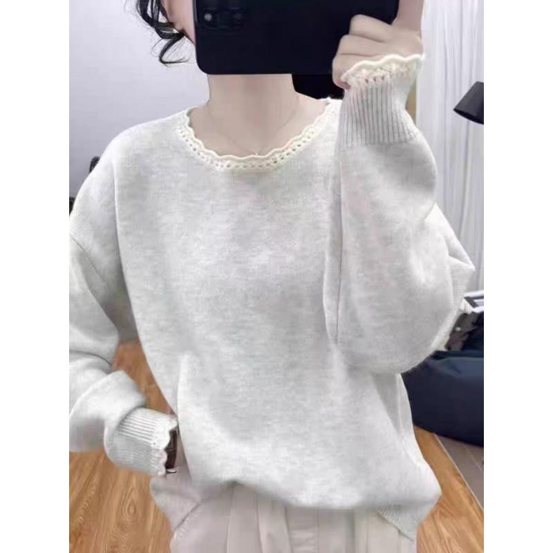 Gentle Wind Lace Neck Knitted Sweater Women's Age-reducing Loose Top Autumn and Winter New Crew Neck Bottoming Sweater