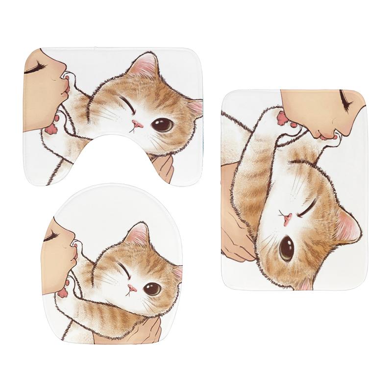 

3 шт./компл. коврик для ванной комнаты, крышка для унитаза, милый кошачий поцелуй, нескользящий ковер, фланелевой высококачественный водонепроницаемый коврик для украшения душевой комнаты