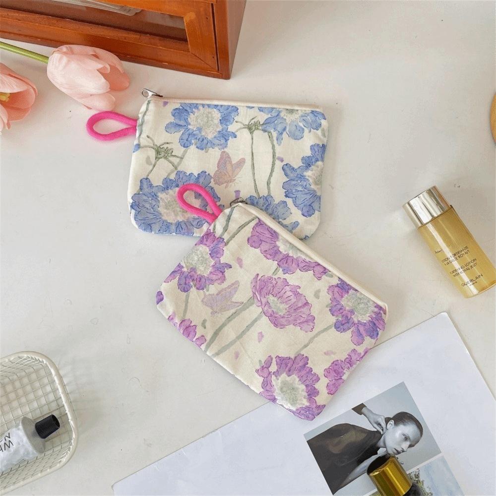 Creative Mini Lipstick Key Cosmetic Bag Zipper Flower Pattern Coin Purse Data Cable Storage Pouch for Women Girls