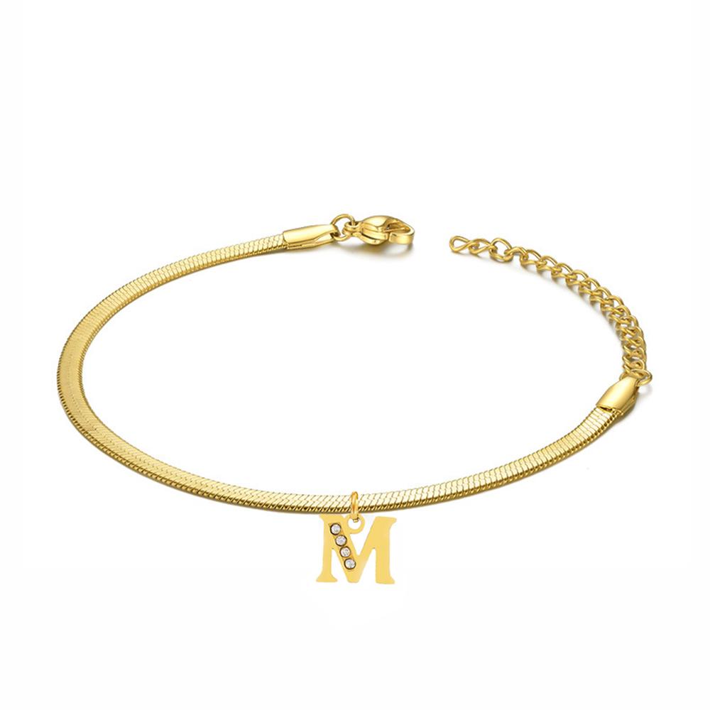 Punk 3mm Flat Snake Chain Bracelet Female Gold Color Stainless Steel Alphabet Initial Letter Charm Bracelet for Women Jewelry