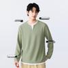 MINISO Men's Waffle Knit Layered V-Neck Long Sleeve Shirt