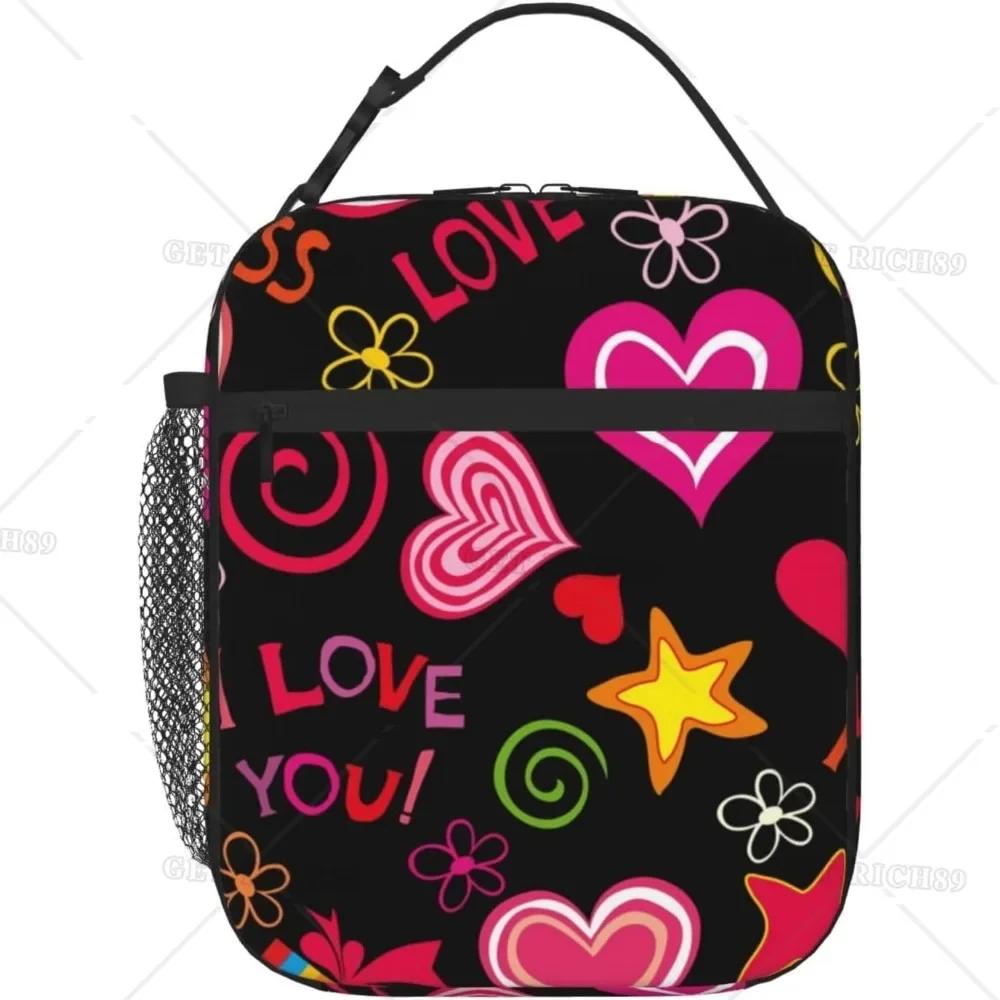 Cute Love Heart Pink Lunch Bag for Women Men Valentine's Day Theme Reusable Insulated Cooler Box for Work Office Picnic