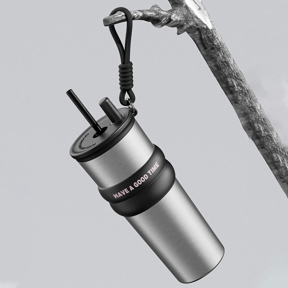 Stainless Steel Vacuum Insulated Bottle Large Capacity With Straw Leak-proof Thermos Large Caliber with Lifting Rope Thermal Cup