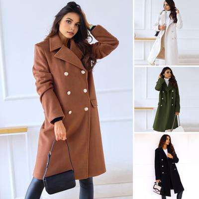 Women Winter Overcoat Turn-down Collar Pockets Pure Color Double-breasted Cardigan Loose Fit Coat Thermal Long Sleeves Commuting Dating Winter Coat