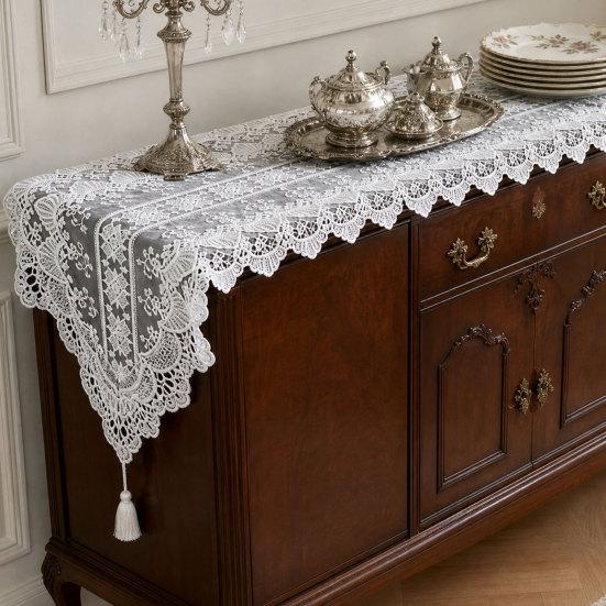 White Lace Table Runner, Embroidery Cotton Lace Fabric Table Cover, Vintage Floral Lace Table Runner for Tea Party Decor, Wedding Bridal Shower Baby