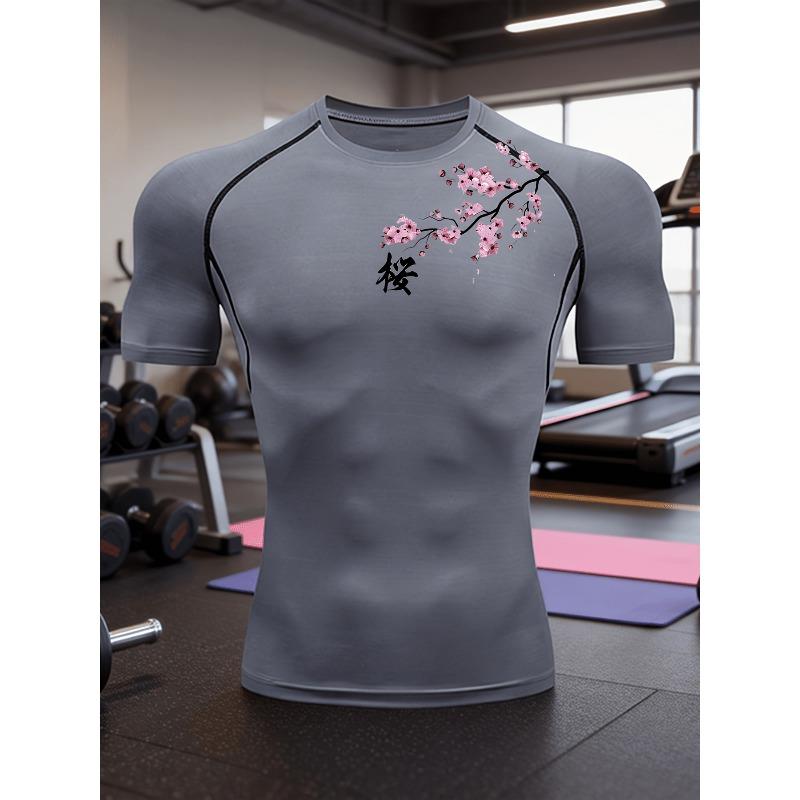 Maglietta a compressione da uomo blu navy con stampa di fiori di ciliegio, traspirante ad asciugatura rapida, stile giapponese, top da palestra per allenamento