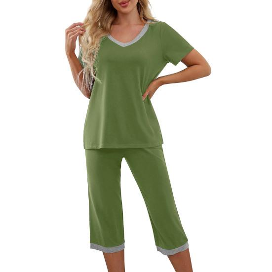 2 stk/sett Pyjamassett V-hals Kontrastfarge Kortermet løs hjemmeklær Elastisk midje Cropped Bukser Sommer