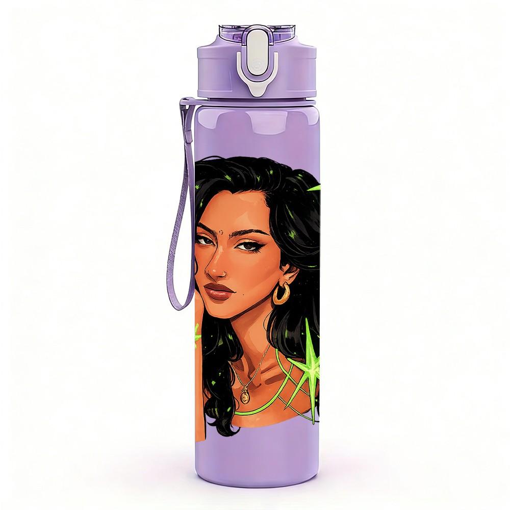 1PC Curly Hair Dark Skin Lady 750ml Color Plastic Sports Water Bottle Leakproof Flip Straw Lid Suitable for Sports Office Home Use