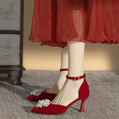 Chinese Xiuhe Red Wedding Shoes Pearl Flower Hollow High Heels Spring and Summer New Stiletto Single Shoes Children Versatile