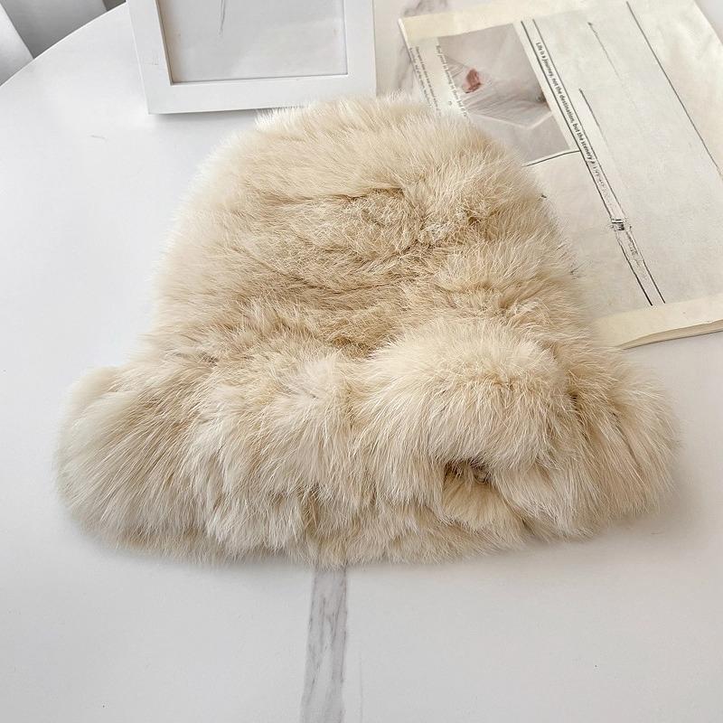 Real Rabbit Hair Cloud Hat Plush Hat Women's Autumn and Winter Warm Face Small Ear Protection Fur Knitted Bucket Hat Basin Hat