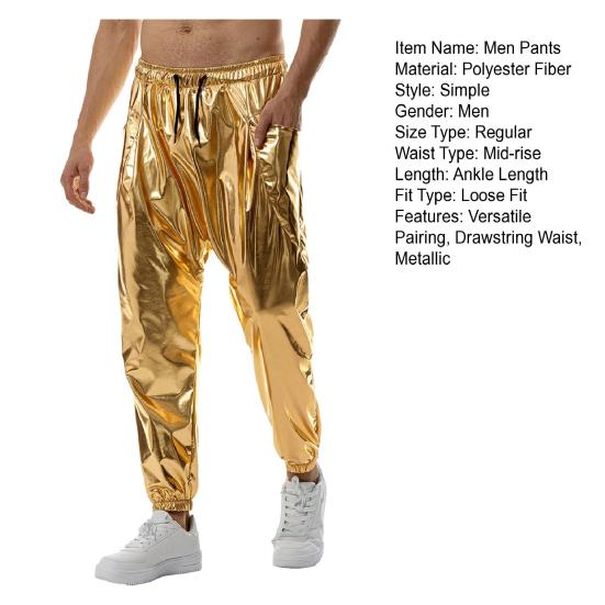 Vīriešu spīdīgas bikses ar aukliņu jostasvietā, metāliskas naktskluba ballīšu bikses deju skatuves hiphopa priekšnesumiem