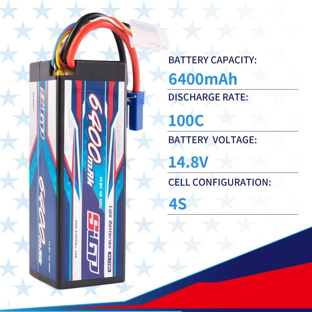 SIGP 4S 14.8V 6400mAh LiPo 100C EC5 Plug Hard Pack Battery for RC Drones, RC Trucks, RC Truggys, RC Models, FPV Racing, Two Packages