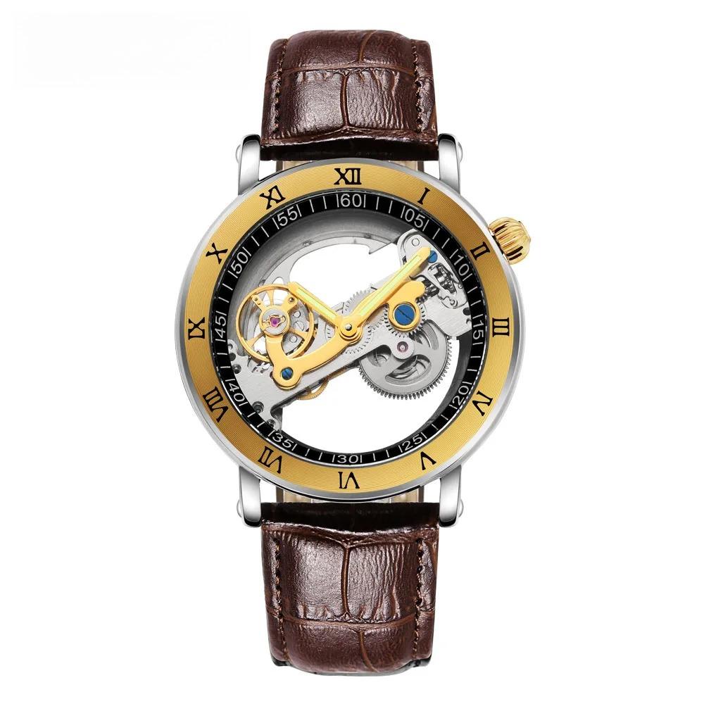 New Men's Watch Tourbillon Mechanical Watches Transparent Hollow Automatic Self Wind Watches Leather Band Skeleton Relojes