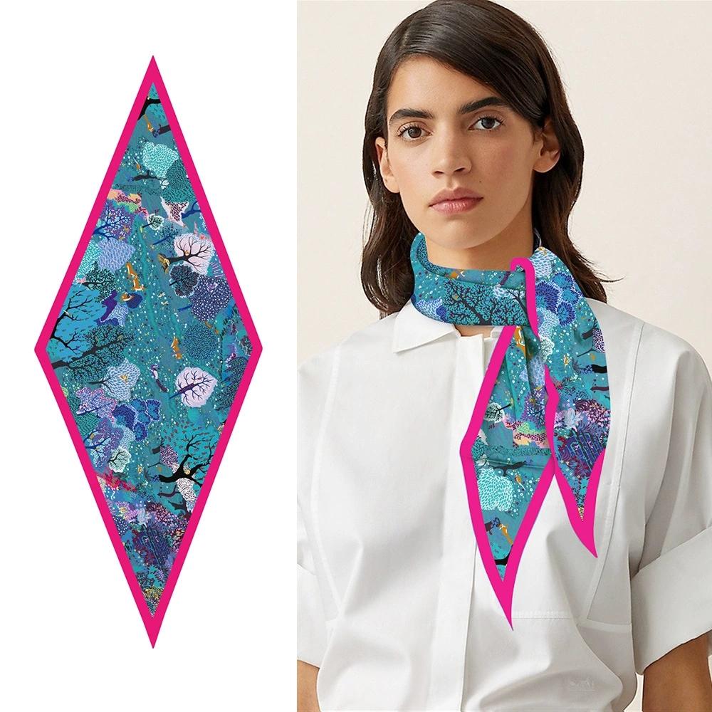 Fashion Forest and Deer Printing Diamond Scarf Brand Silk Scarf Woman Luxury Bandana Headband Hijab Foulard Neckerchief Shawl