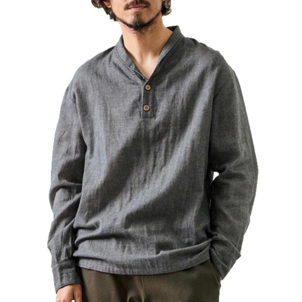 New Men's Imitation Linen Stand Collar Long Sleeve T Shirt Loose Solid Color Long Sleeve Shirt