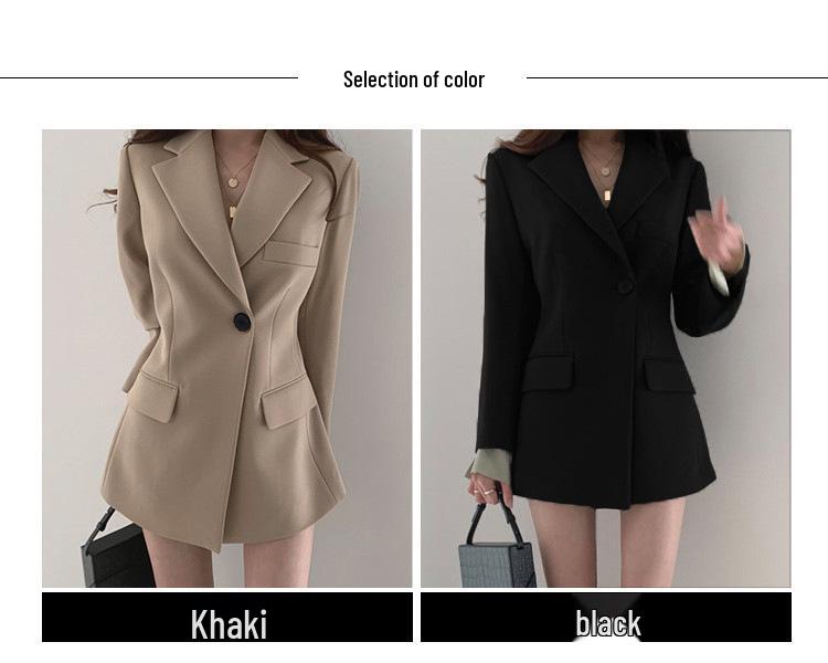 Women's Khaki Slim-Waist Suit Jacket - Korean & Hong Kong Style, Retro, Medium-Long for Spring & Autumn