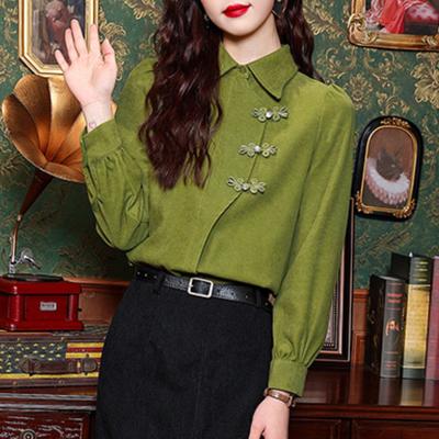 Neues chinesisches Damen-Temperament-Knopf-Polokragen-Top Frühlingstil Hongkong-Stil Retro-Hemd Fühl-Grünes Hemd