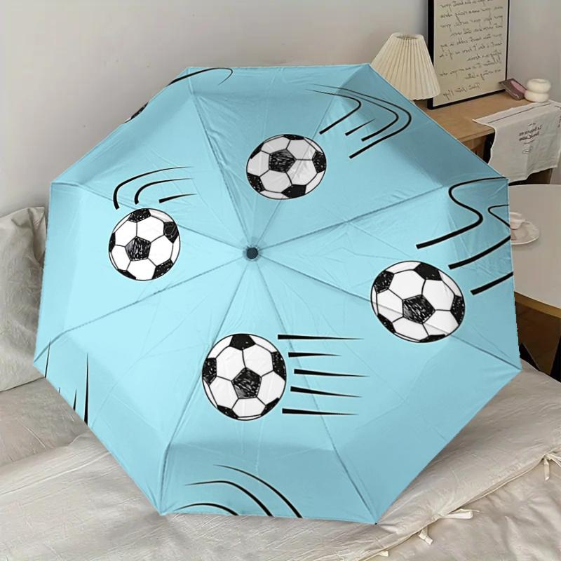 Soccer Ball Pattern Automatic Opening/Closing Umbrella with Convenient Three Fold Design,8 Bone Iron Frame Outdoor Umbrella Perfect Gift