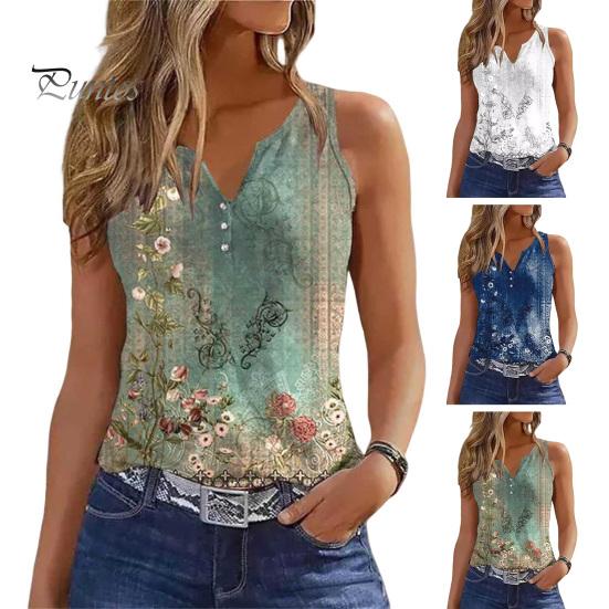 Women Summer Vest V-Neck Sleeveless Floral Print Tank Tops Buttons Neckline Loose Fit Casual Camisole Streetwear