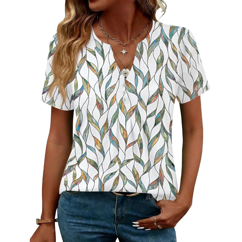 Damen Oberteile Festlich Lässig V-Ausschnitt Kurzarm Hemden Plissierte Blusen Knopfleiste Tunika
