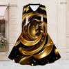 Women Plus Size V Neck Long Sleeve Black White Printed A Line Flared Dress With Belt