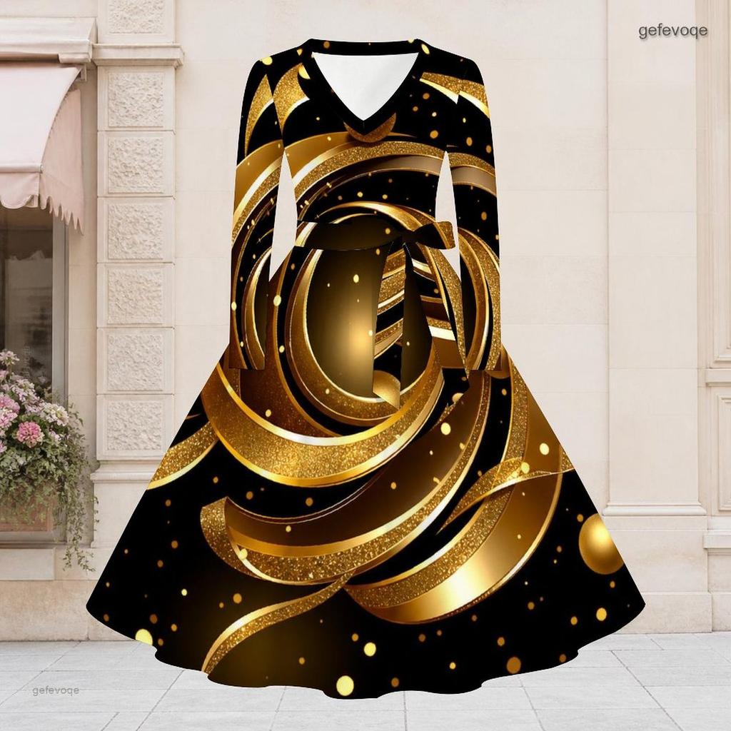 Women Plus Size V Neck Long Sleeve Black White Printed A Line Flared Dress With Belt