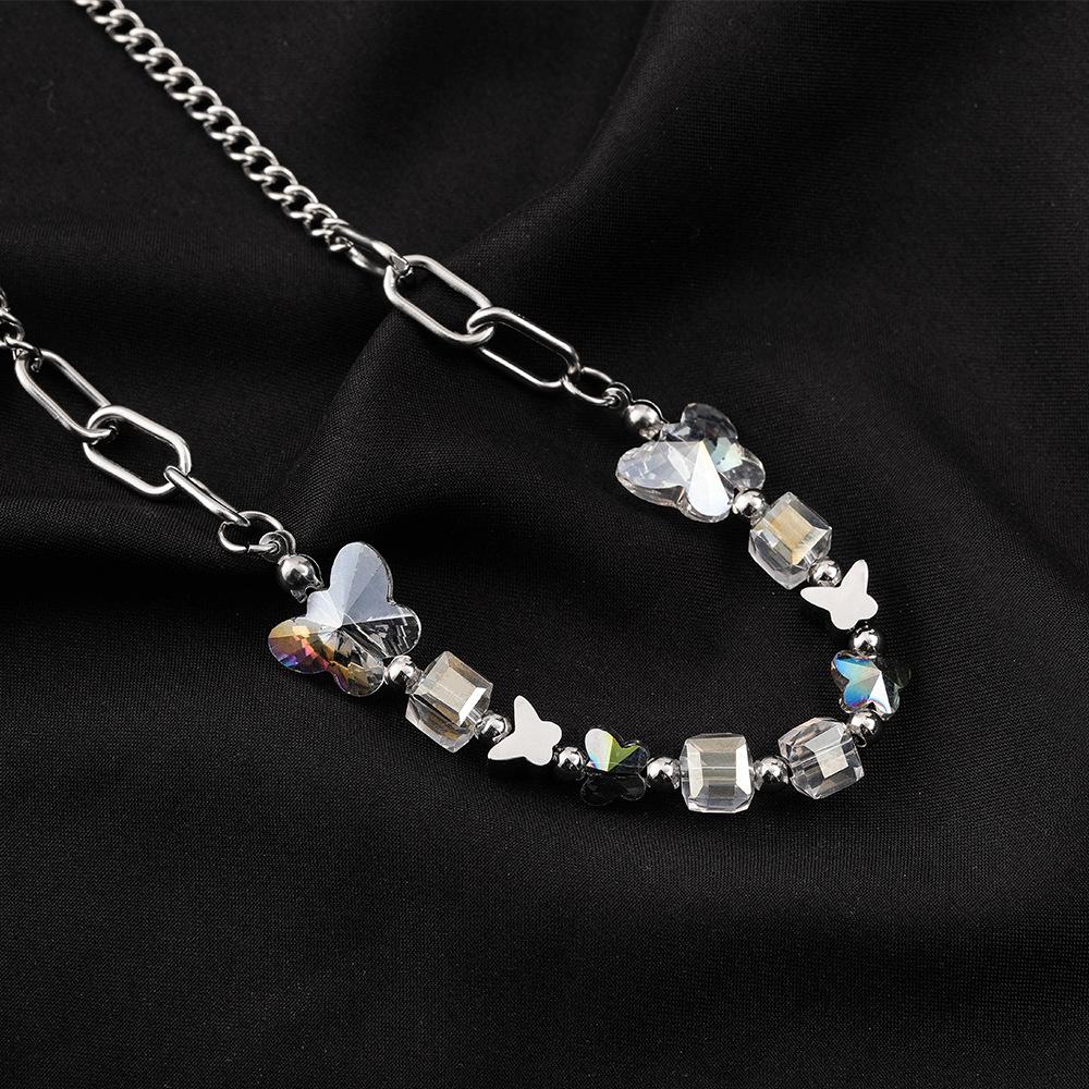 Urban Hip Hop Pearl & Crystal Reflective Stainless Steel Necklace - Titanium Clavicle Chain for Couples