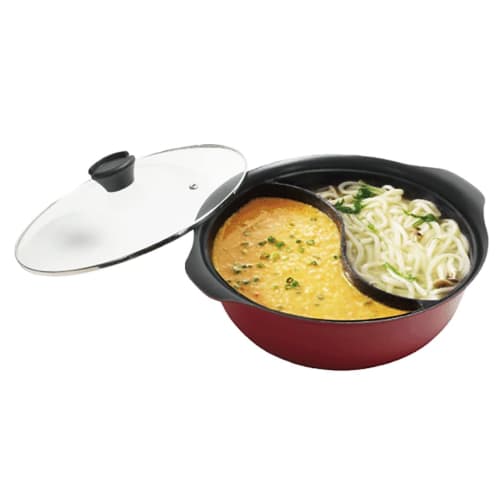 Tabletop pot, approximately 28cm, divider pot, serves 3-5 people, double-handled, dual-serving pot, gas and induction compatible, lightweight with gla