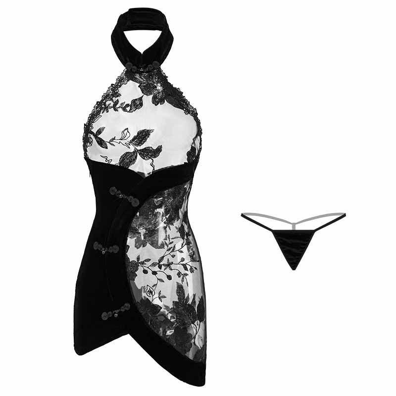 Sex underwear sexy lace neck embroidery perspective temptation backless velvet hip-wrapped cheongsam set