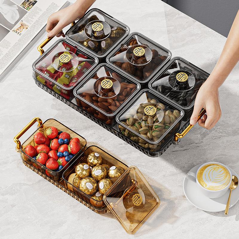 2/4/6 Grid Acrylic Snack Platter With Lid Fruit Plate Partition Platter Living Room New Year Dried Fruit Tray Candy Storage Box