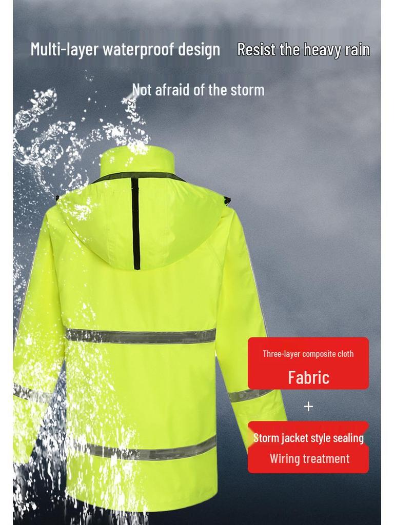 Rainproof Three-Layer Composite Raincoat and Pants Set with Reflective Safety for Traffic Duty