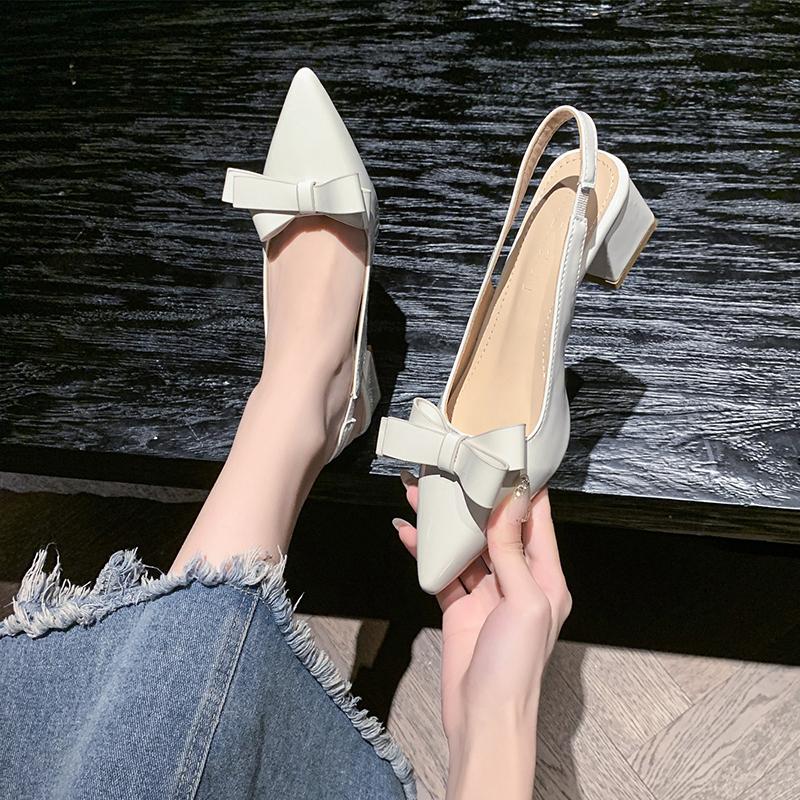 New Women's High Heels Sandals Butterfly-knot Design Footwear Chic Pointed Patent Leather Beige Elegant Female Wedding Shoes
