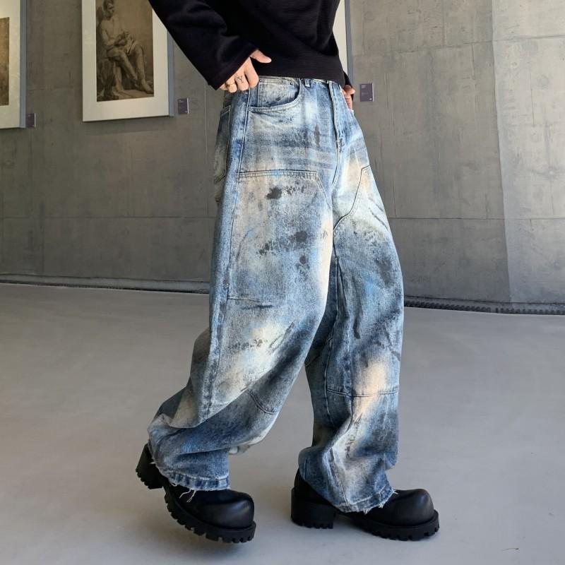 Unisex Vintage Distressed Wide-Leg Denim Pants Streetwear Loose Fit Straight Cut Cotton Jeans Men Women