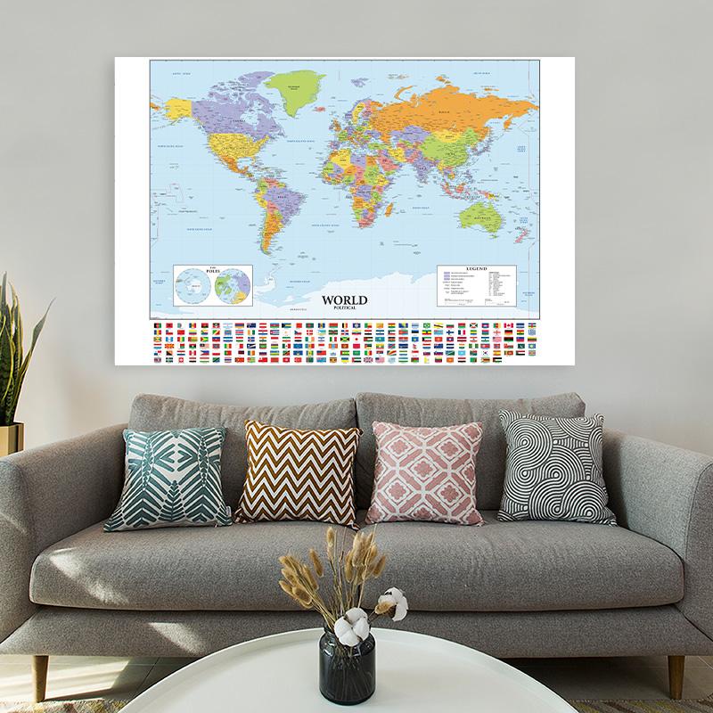 Large Political World Map Poster with Country Flags Educational Wall Art Chart for School Classroom Office Home Decor