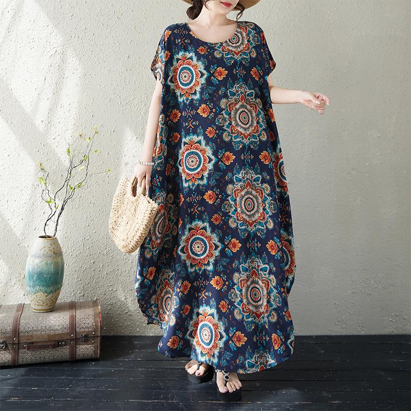 Kurzarm Plus Size Baumwolle Vintage Blumenmuster Neu in Kleidern für Damen lässig locker langes Sommerkleid