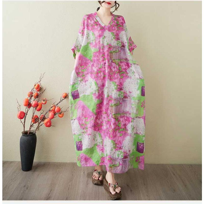 Women's Vintage Long Dress with Cotton and Linen Patterns