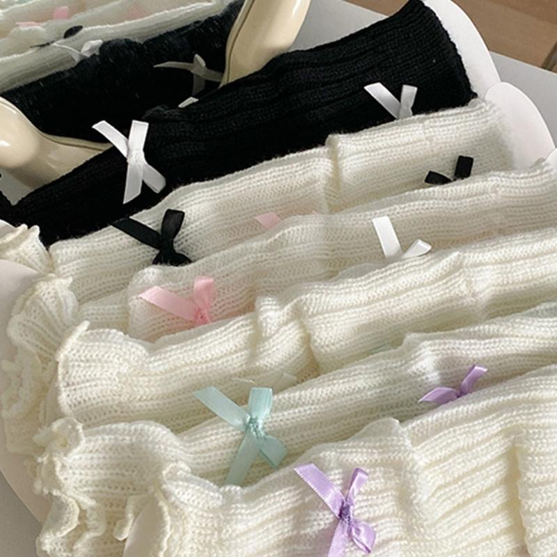 Sweet Girls Leg Warmers Women Ribbed Knit Striped Foot Cover Elegant Bowknot Ruffled Trim Boot Cuffs Footless Calf Socks