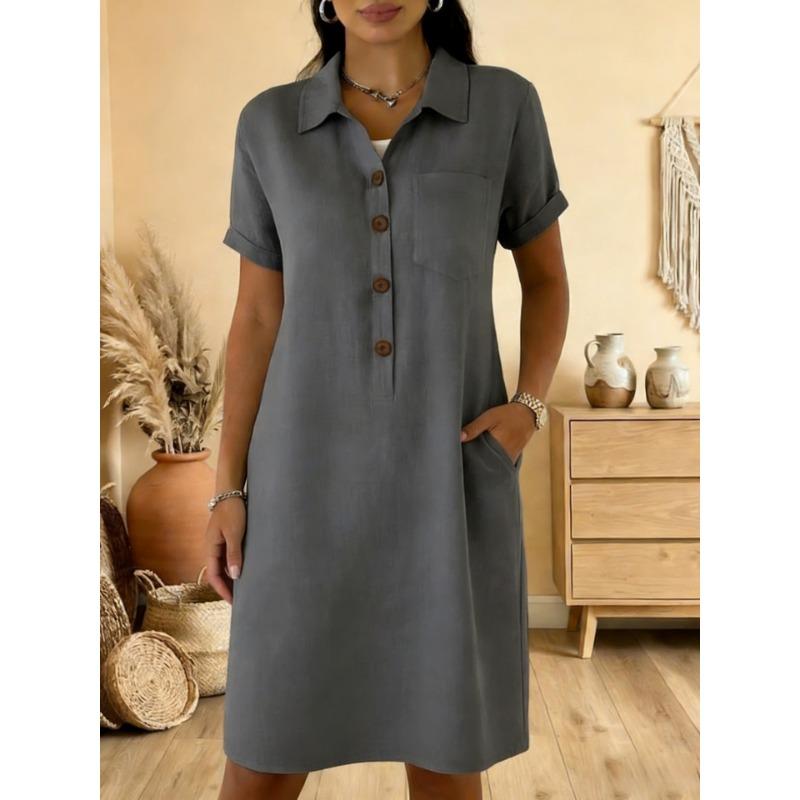Damen Leinenmischung Hemdbluse Kurzarm Halbknopf Lässig Midi Kleid mit Taschen