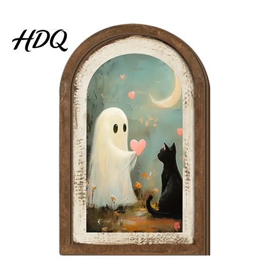 Solid Wood Ghost Ornament Arch Wooden Sign Cute Halloween Table Rustic Farmhouse Spooky Home Accents Shelf Decor Decorative Wall Art for Mantel