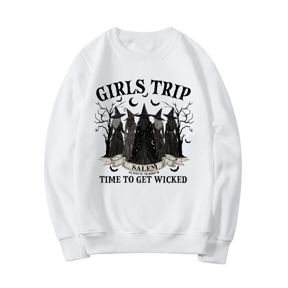 Vintage Girls Trip Salem Sweatshirt Halloween Witch Hoodie Women Crewneck Sweatshirt Salem Witch Hoodie Spooky Season Pullovers