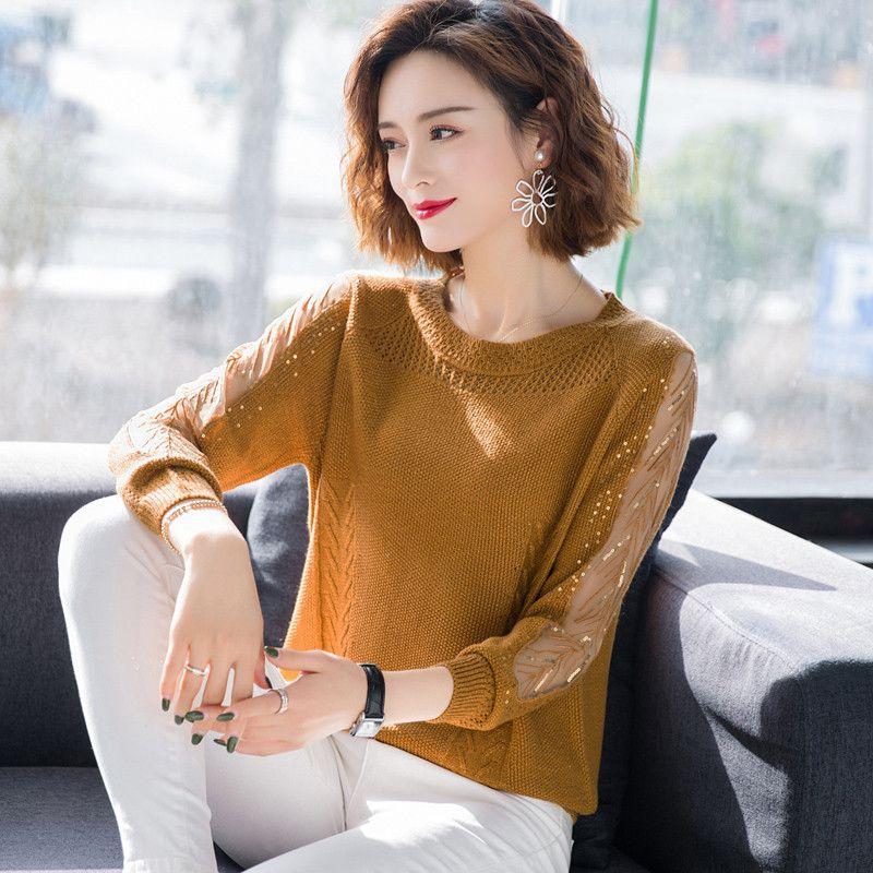

Короткий кружевной свитер на весну и осень, женский ажурный вязаный свитер с широкими рукавами и круглым вырезом 3XL