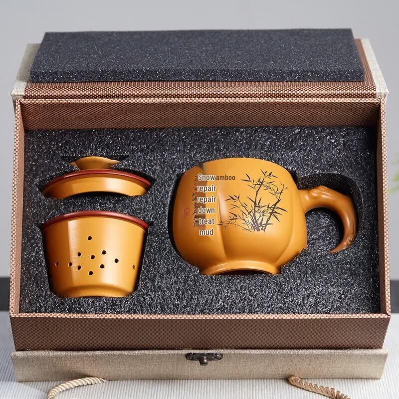 Yixing Zisha Engraved Tea Mug with Infuser and Lid