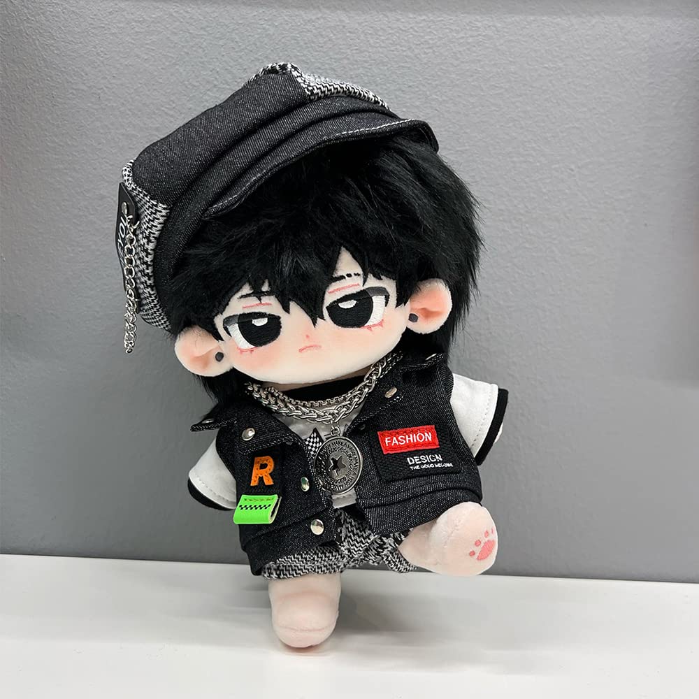 Niannyyhouse 15cm Plush Clothes Set: Hat, Vest, T-Shirt, Shorts, Glasses, Necklace, Shoes, Loose Fit Cotton Doll Clothes (Black, 15cm)