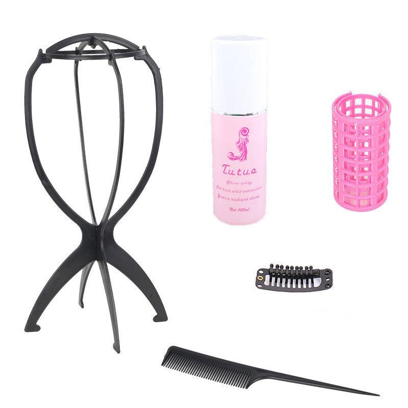 

Набор для ухода за париком: Сетка для волос, Средство против пушистости, Подставка для парика, Расческа с хвостиком, Бигуди, Невидимки, Пленка